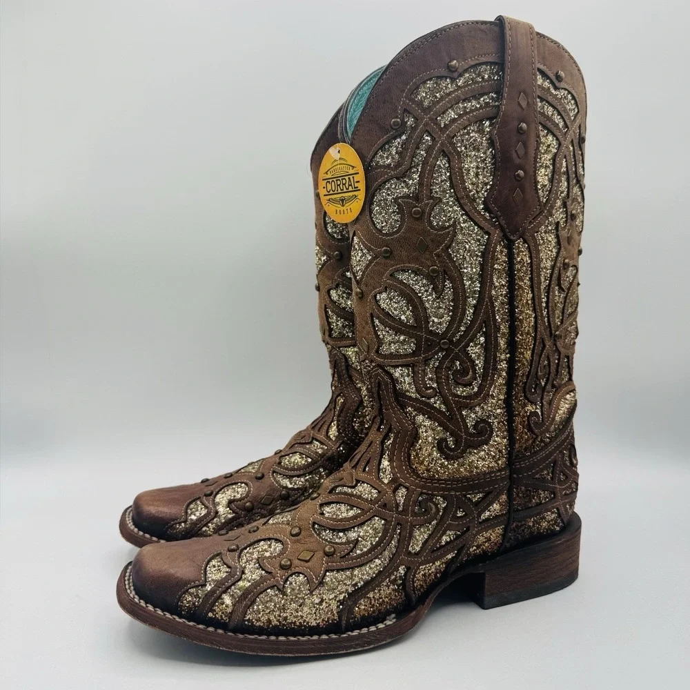 Corral Orix Glitter Inlay‎ Boots Women's Size 11 Brown Leather Gold Studded